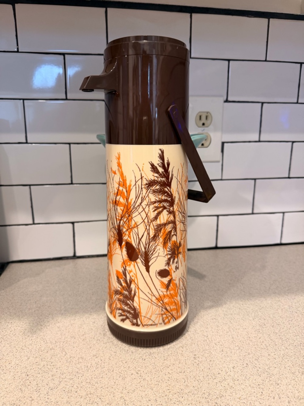 Vintage Insulated Pump a drink Carafe with Brown & Orange Botanical Design
